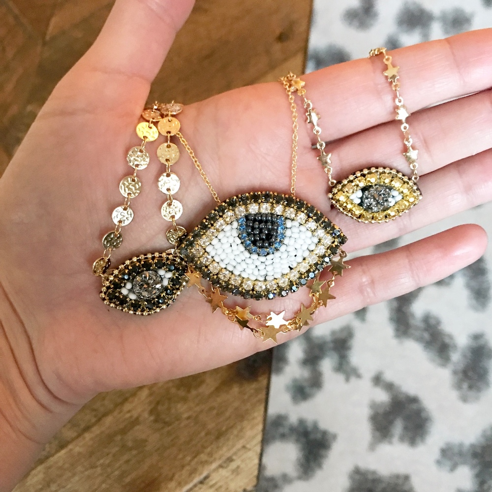 Evil Eye Hamsa Statement Necklace with Star Chain - Picture 2 of 5